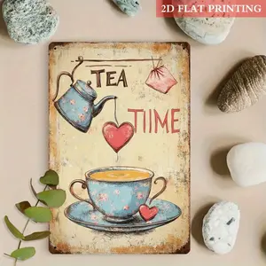 2D Flat, 1pc Tea Time Metal Wall Decor, Metal Nameplate Sign, Wall Metal Plaque - 20.32x30.48 cm Iron Sign with Teapot & Cup - Easy Hang Pre-Drilled Holes for Kitchen, Living Room, Tea Lover Gift for Anniversary, Housewarming
