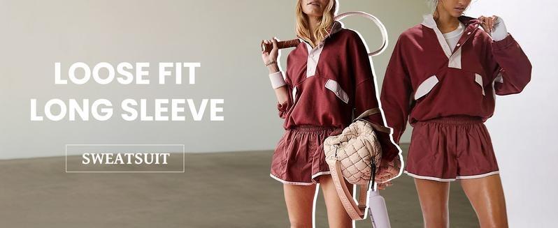 WoodBerry Women's Two Piece Workout Short Sets Summer Lounge Sweatsuits Long Sleeve Athletic Outfits Pullover Sweatshirt and Shorts Travel Tracksuit with Pockets