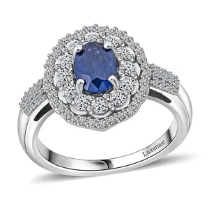Premium Blue Sapphire and SI Luxuriant Lab Grown Diamond 1.65 ctw Crown Radiance Ring in 10K White Gold Size 8 Christmas Gifts