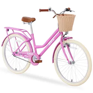 ZUKKA Women's 24-Inch Pink Fashion Bicycle - Direct Wicker UBS-W1019P179157 Steel Frame Beach Cruiser Bike, Exquisite Basket, Rack, White Accents, Cruiser Kids' Bikes for Ages 10+