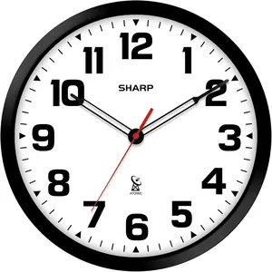 Sharp Atomic Analog Wall Clock, 12" Black Stylish Frame - Sets Automatically- Battery Operated, Easy to Read, Easy to Use, Modern Design and Style