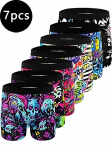 New 7-Pack Thin Men's Long Boxer Briefs Set, Printed Graffiti Underwear, Comfortable Breathable for Cycling Running Training, All-Day Wear, Soft Stretch Briefs