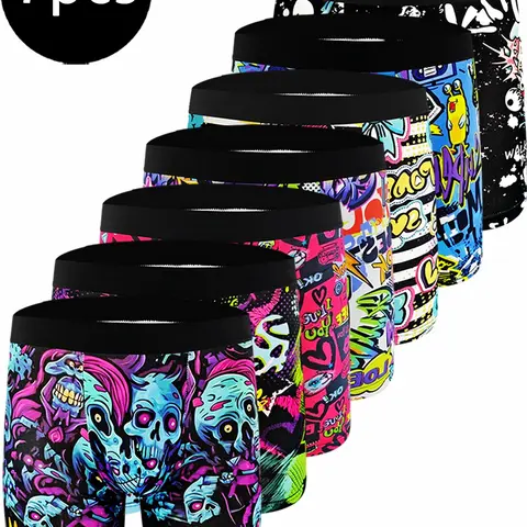 New 7-Pack Thin Men's Long Boxer Briefs Set, Casual Style Underwear Comfortable Breathable Printed Graffiti Underwear for Cycling, Running and Training, Underwear Boxers Set