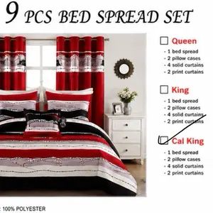 9-Piece Bedspread Set with Matching Curtains – Red, Black & White Modern Wave Design | King / Cal King. /   Juego de Cubrecama de 9 Piezas con Cortinas – Diseño Moderno Rojo, Negro y Blanco | King / Cal King