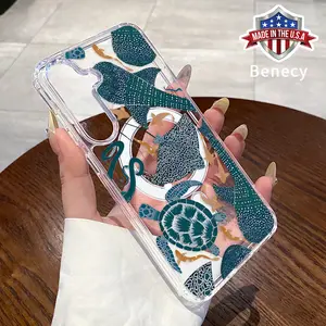 Vintage Sea Turtle Pattern Magnetic Phone Case Compatible with Galaxy  S23 Ultra S24 Plus FE S25 S22+ Anti-Yellowing Shockproof Lightweight Transparent Acrylic Large Hole Soft Cover Supports Wireless Charging