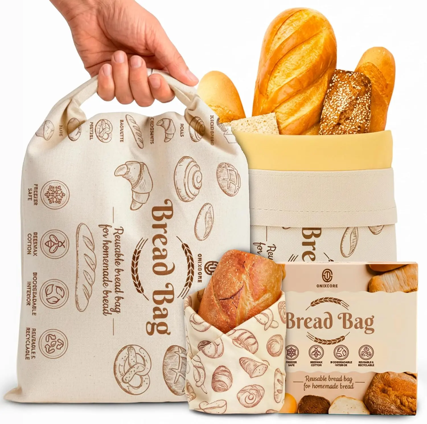 2 Extra Large Size Beeswax Bread Bag + 1 Beeswax Wrap | Reusable | Bread Bags for Homemade Bread, Sourdough Bread Bag, Vegetables, Fruits to Keep Freshness, Moisture, Food Storage 17x13"