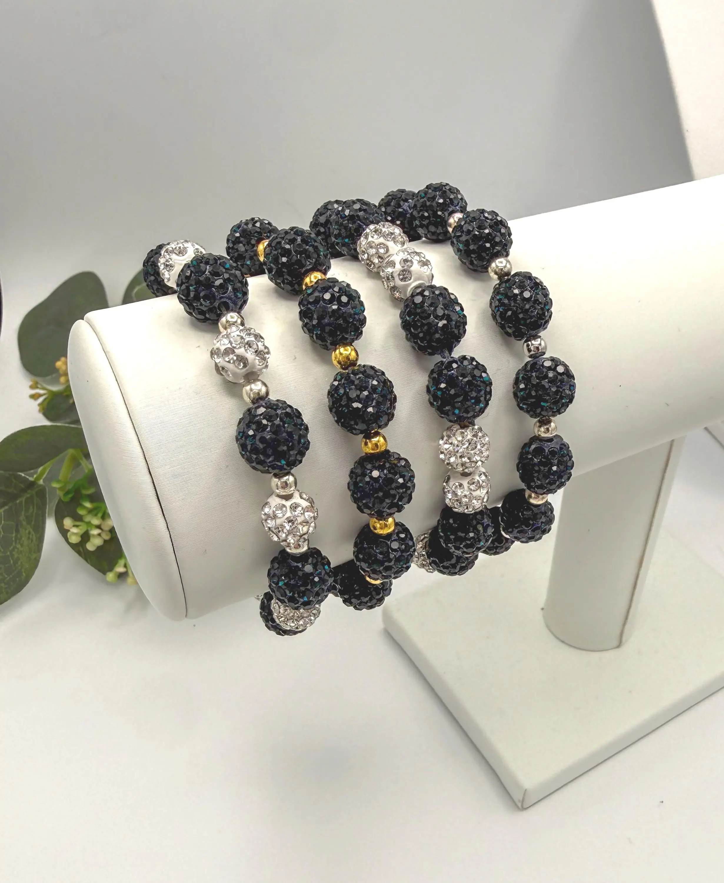 Navy Shamballa Beaded Bracelets- Rhinestone Handmade Jewelry - Stretchy, No Clasp Design