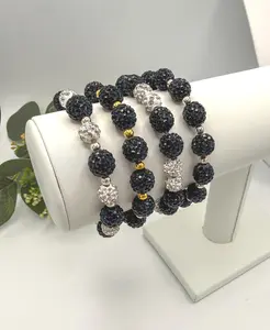 Navy Shamballa Beaded Bracelets- Rhinestone Handmade Jewelry - Stretchy, No Clasp Design