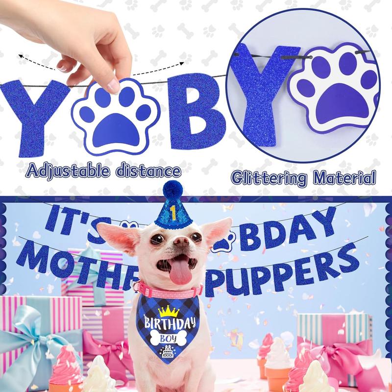 Blue Dog Birthday Party Supplies Pet Birthday Bandanas Boy Doggy Birthdays Hat Bow Tie Greeting Card Numbers It's My Bday Mother Puppers Sign Banner for Medium Large Pets