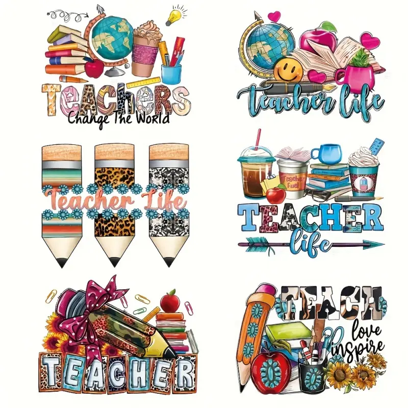 6 Pcs Teacher Theme Iron on Transfers Colorful DIY Crafts Craft Supplies with Quotes "Teachers Change the World" and "Teaching Love Inspires" Washable Heat Transfer Patches for T-shirts Decorations Teacher's Day Gifts DIY Material Insp