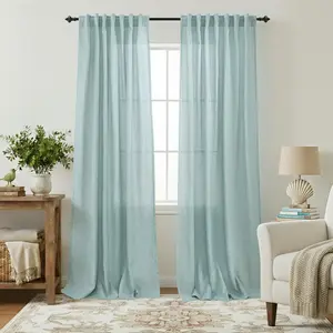 Seafoam Mint Green Linen Curtains 84 Inch Length for Coastal Farmhouse Living Room Decor 2 Panels Set Semi Sheer Light Filtering Back Tab Pocket Sea Green Curtain for Bedroom 52x84 Inches Long