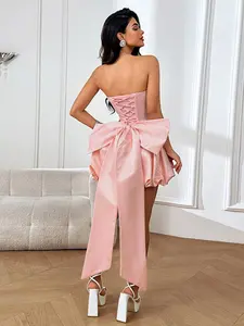 Women's Summer Sweet Elegant Feminine Chic Formal Strapless Sleeveless Large Bow Flower Bud Halter Dress, Perfect for Dates, Parties, Gatherings, All Seasons Fitted Style