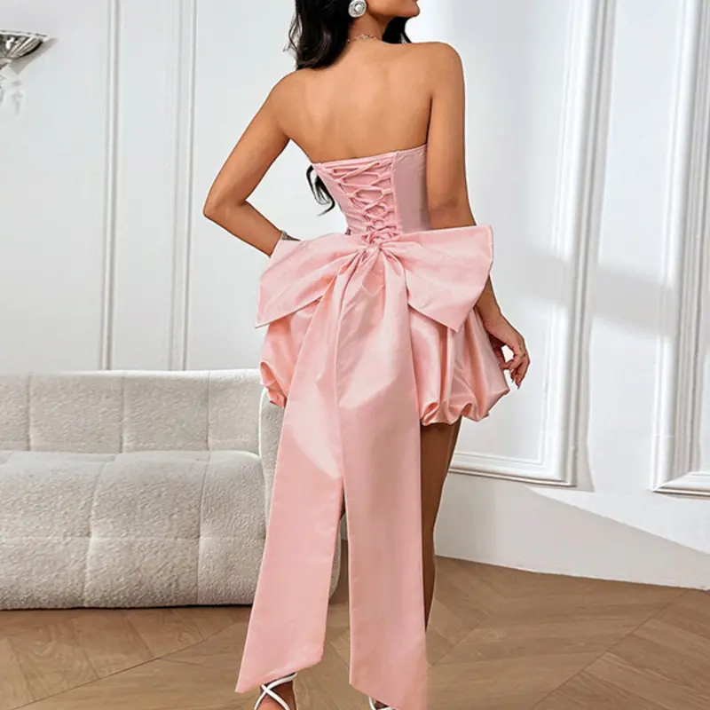 Women's Sweet Elegant Large Bow Flower Bud Strapless Dress, Perfect for Dates, Parties, Gatherings, Stylish and Comfortable