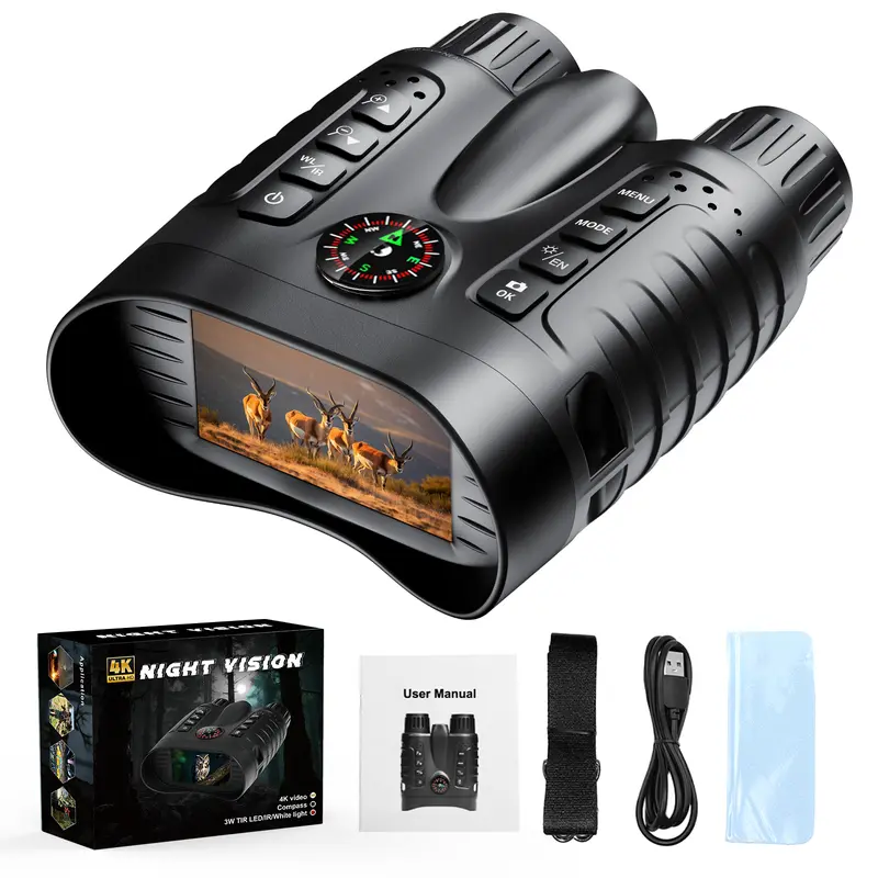Diyimin 4K Digital Zoom Binoculars - Built-in Viewing Lens, Compact Long Range, High-Power, Manual Focus Night Vision, 2000mAh Battery, 7-Level Infrared, 3.2" HD Display, 32GB Storage, Tripod Mount, Neck Strap for Hikes, Wildlife Observation Gifts for Him