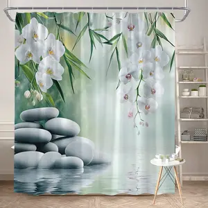 1Pc Elegant Orchid Shower Curtain Natural Stone Background Polyester Fabric Bathroom Decor Bathtub Partition Hanging Curtain 70.8x70.8 Inch with 12 Hooks