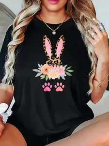 Black T Shirt With Leopard Bunny Ears Flower And Happy Easter Text Print
