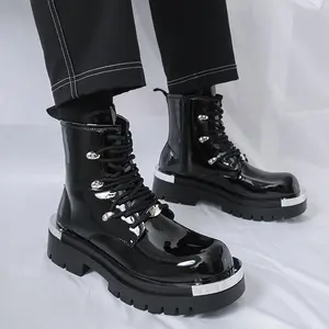 (New)Boots - Men's Large-sized Black and Silvery Spliced Cool High-top Boots, Lace-up Closed Design, Thick-soled Anti-slip Sole, Suitable for Daily Street Wear,  Outfits, Punk Motorcycle Boots, Denim Boots
