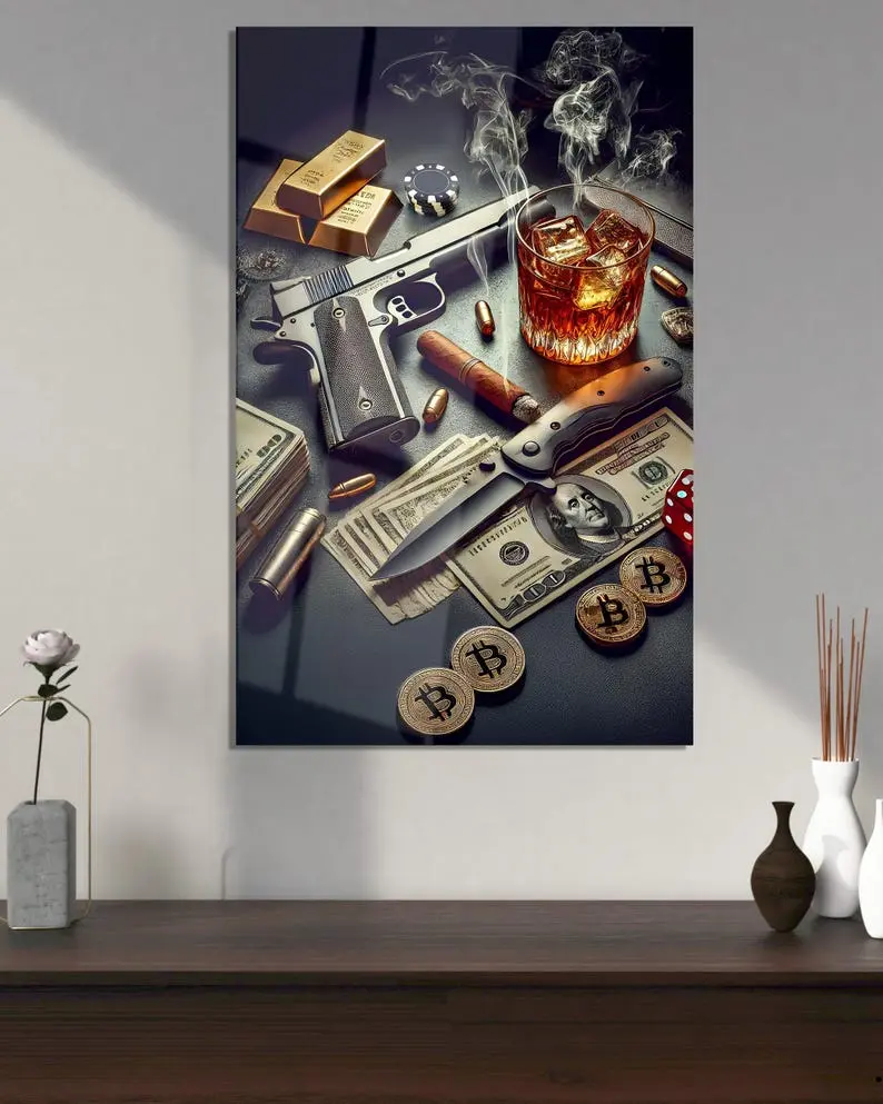 Luxury Power Glass Wall Art, Gun Money Whiskey Print, Modern Masculine Decor, Man Cave Artwork, Office Wall Art, Dollar Glass Poster