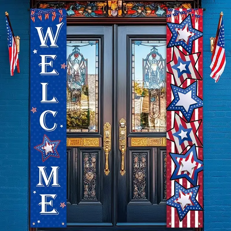 American Flag Porch Banner Set, Yard Sign Banner, & Blue Star Welcome Sign, Durable Polyester Fiber, Outdoor/indoor Use, July 4th Decoration, Party Decoration, Party Decoration Supplies