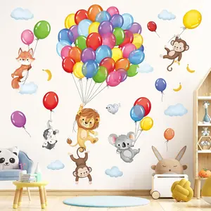 Forest Animals Balloon Wall Decals Monkey Lion Koala Wall Stickers for Baby Nursery Kids Bedroom Playroom Wall Decor