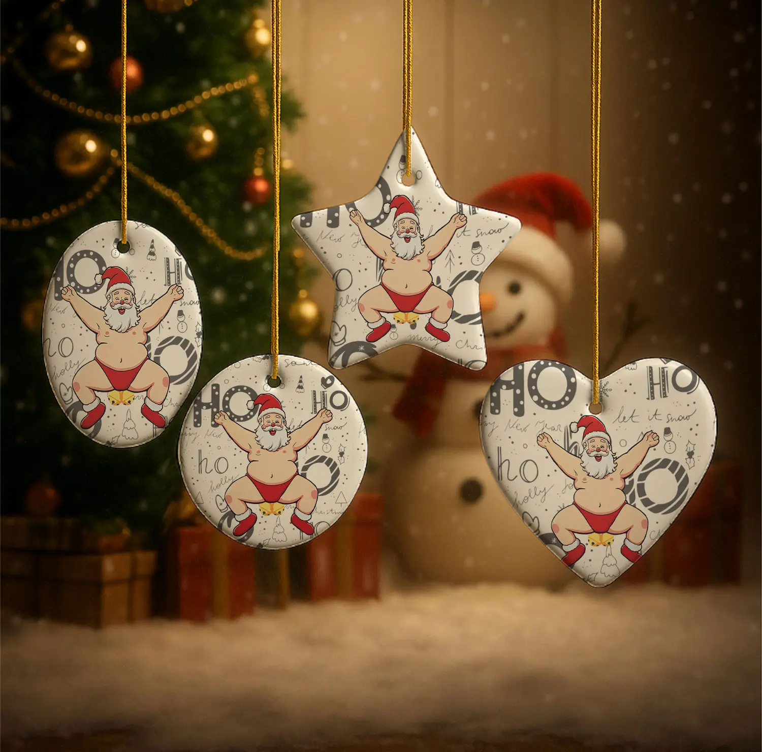 Funny Ceramic Santa Ornaments - Comical Santa Humorous Holiday Decoration, Home & Tree Decor, Durable Ceramic Ornaments with Playful Santa Design, Lightweight Easy to Hang with Gold String