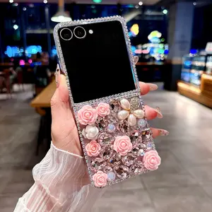 Elegant Pearl Rhinestone Flower Design Smartphone Case, Compatible with Samsung Z Flip Series, Full Protection Cover, Stylish Accessory