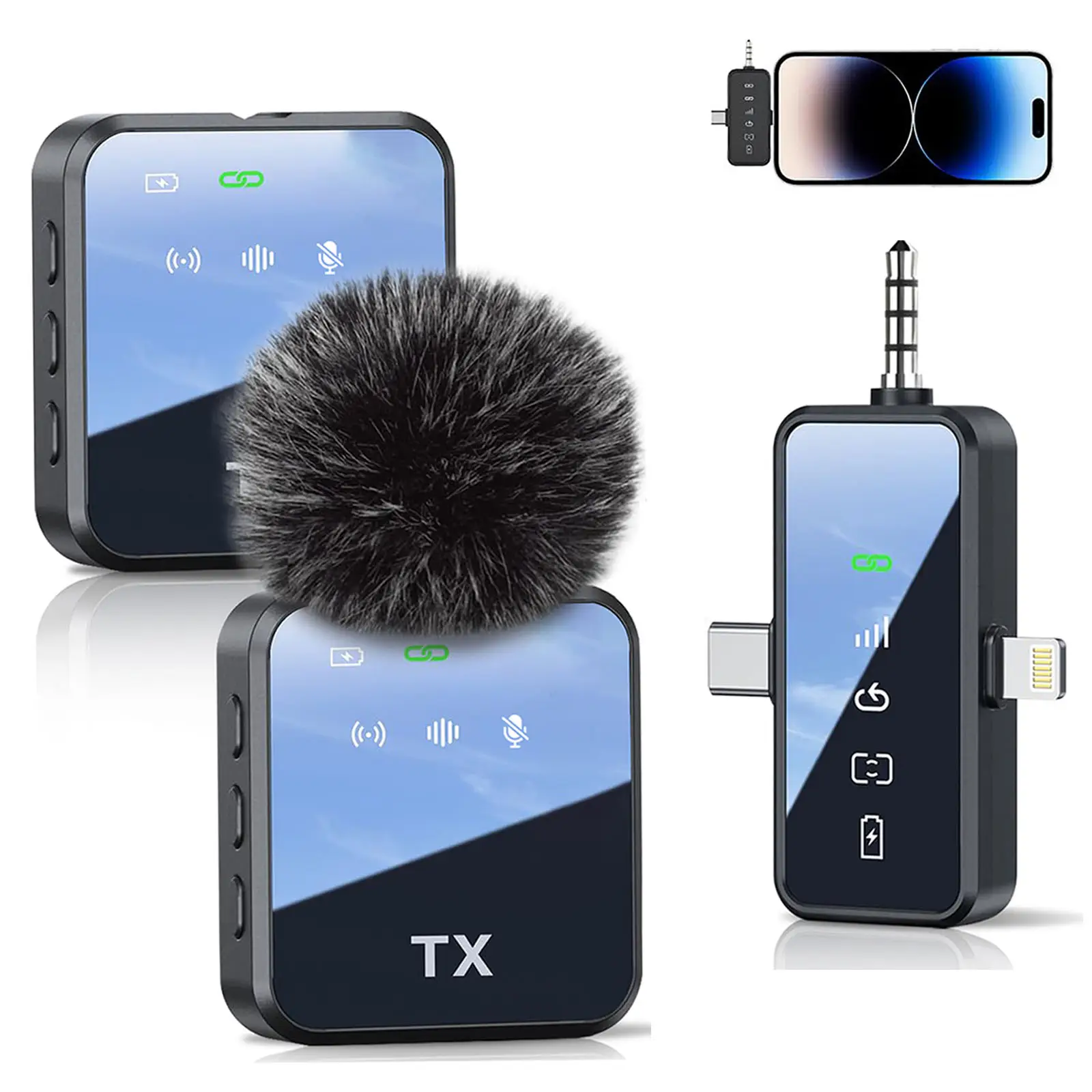 3 in 1 Microphone for iPhone/Android/Camera, Wireless Lavalier Microphone, 328ft Transmission, 18H Battery Life, Mini Microphone for Record Interview,
