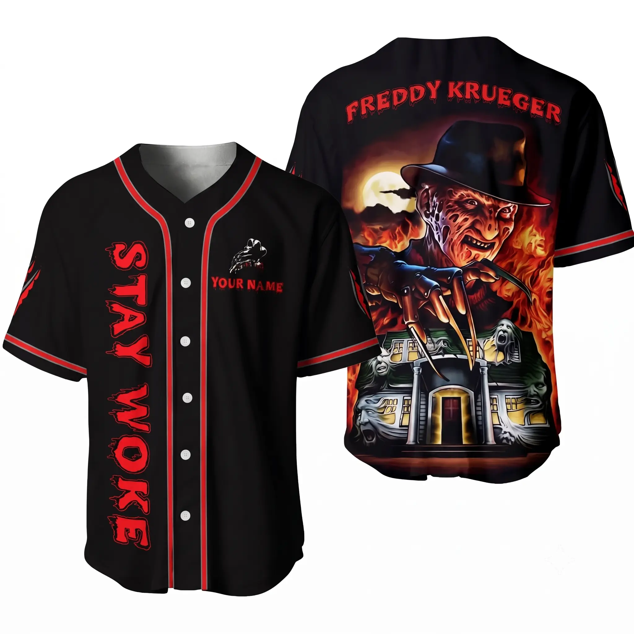 Freddy Krueger Horror Personalized 3D Baseball Jersey Shirt, Horror Movie, Gothic Horror Sports Outfit