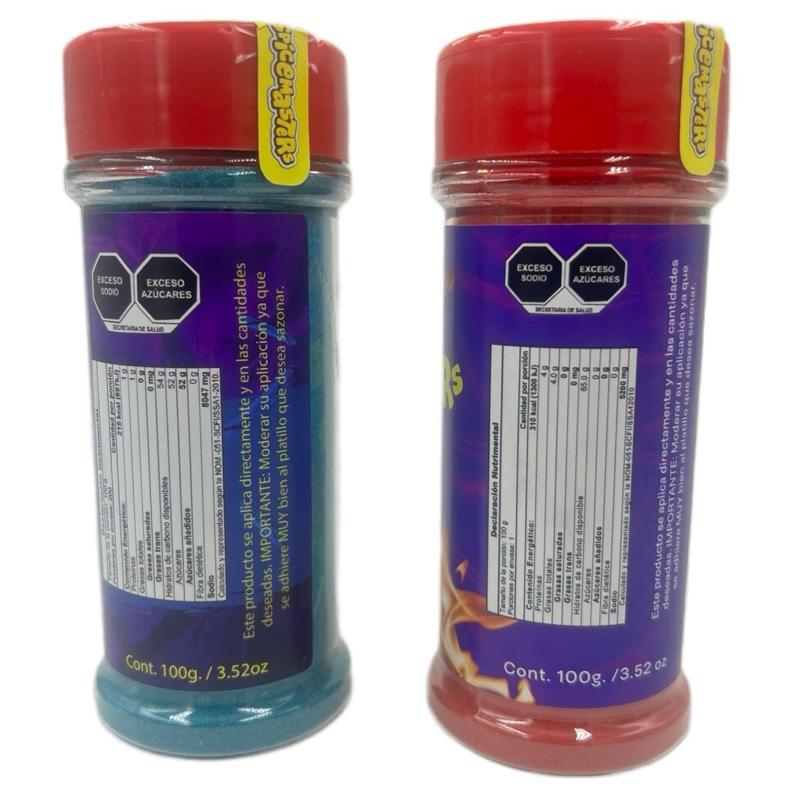 SPICEMASTERS Duo Seasoning Fuego & Blue Hot Snack - 12 Months Plastic Bottle, Natural & Artificial Flavor, Colorful Seasoning Options for All Ages - Dried, Dry takis Extra Fancy Spicy Fuego Takis Powder spice chilli Complete bundle authentic mexican viral