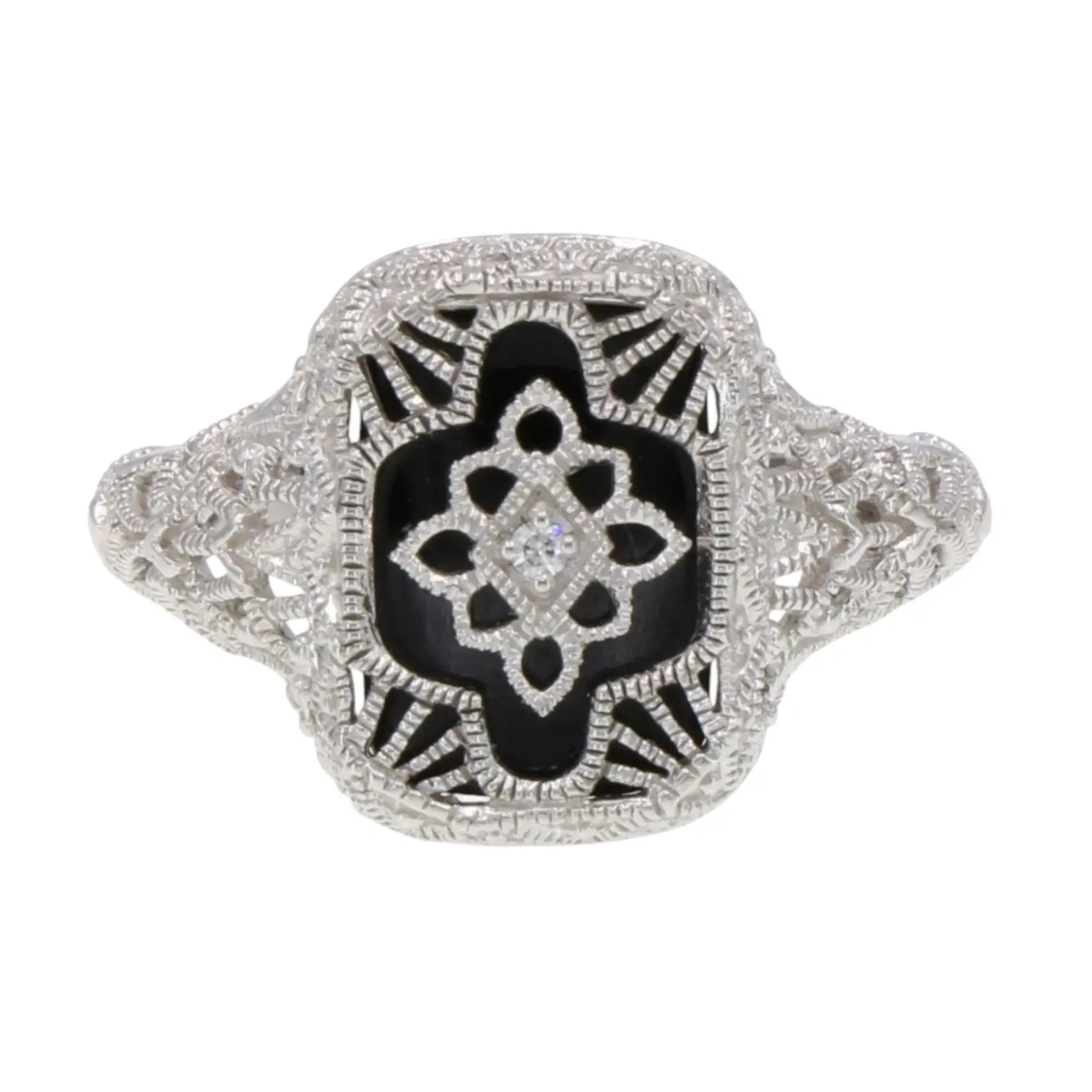 Antique Victorian Style Black Onyx 925 Sterling Filigree Ring Size 8 with Custom Round Genuine Diamond Center
