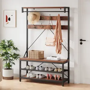 Hall Tree with Bench, Entryway Coat Rack with Storage, Entryway Bench with 8 Hooks, Industrial Shoe Rack Organizer for Foyer, Front Door, Rustic Brown 39.9"x15.7"x72"
