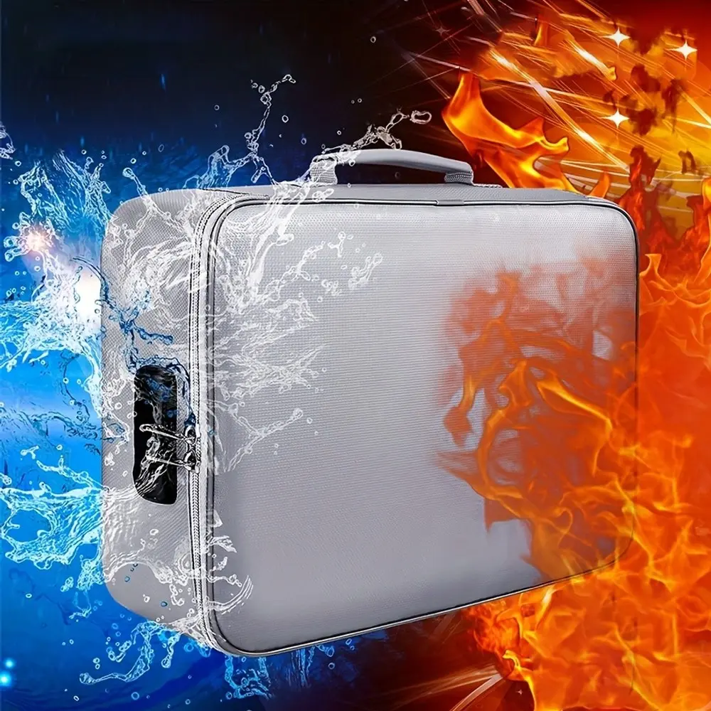 Lockable File Storage Bag, Three-Layer Fireproof Document Box with Waterproof Zipper, Portable File Insurance Case, Silver Color