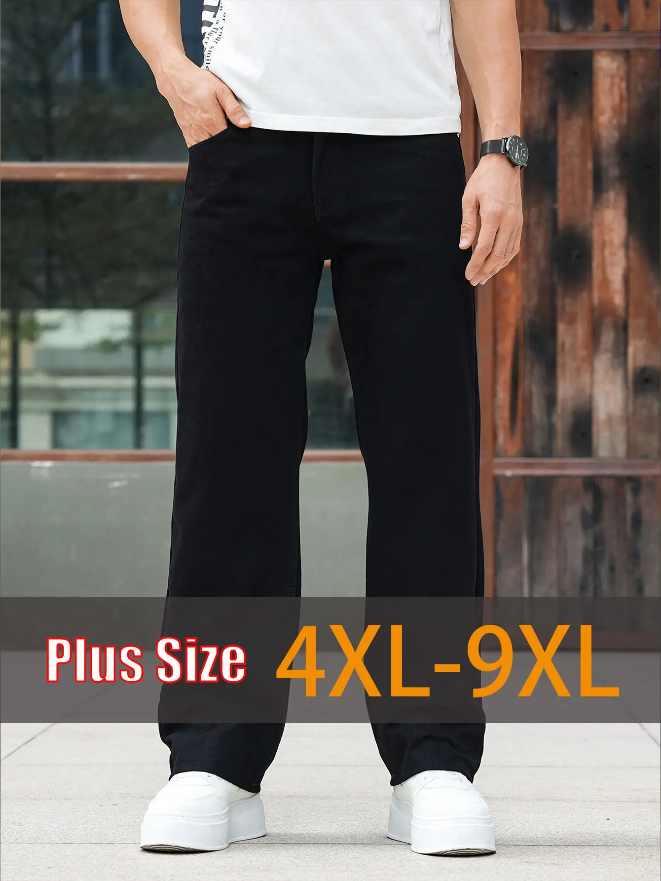 Men's Plus Size 4XL-9XL Plain Stretch Jeans, Loose Fit Comfort Denim Pants, Menswear Bottoms