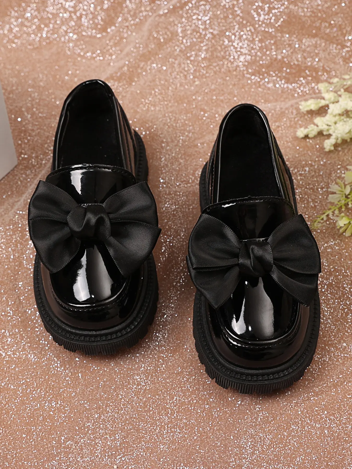 Girls' Leather Shoes Spring New Student Princess Bowknot Design Slip on Flats Soft Sole Loafers Bow Decorated Shoes, Cute Butterfly Design, PU Upper Material, All Seasons