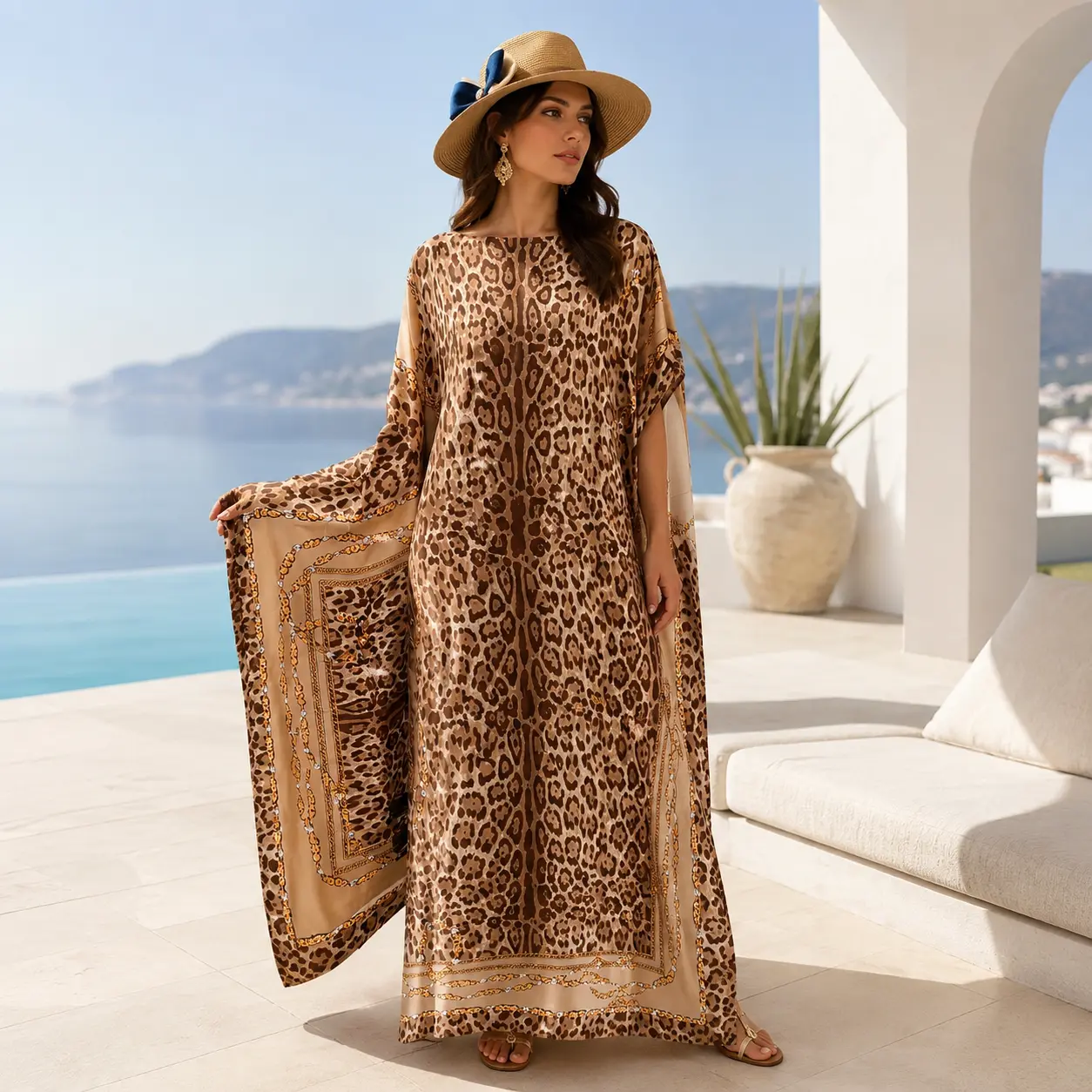 Leopard Print Kaftan Dress Animal Print Caftan Maxi Dress Boho Beach Cover Up Resort Wear Flowy Long Dress Summer Vacation Dress for Women Elegant Casual Party Dress
