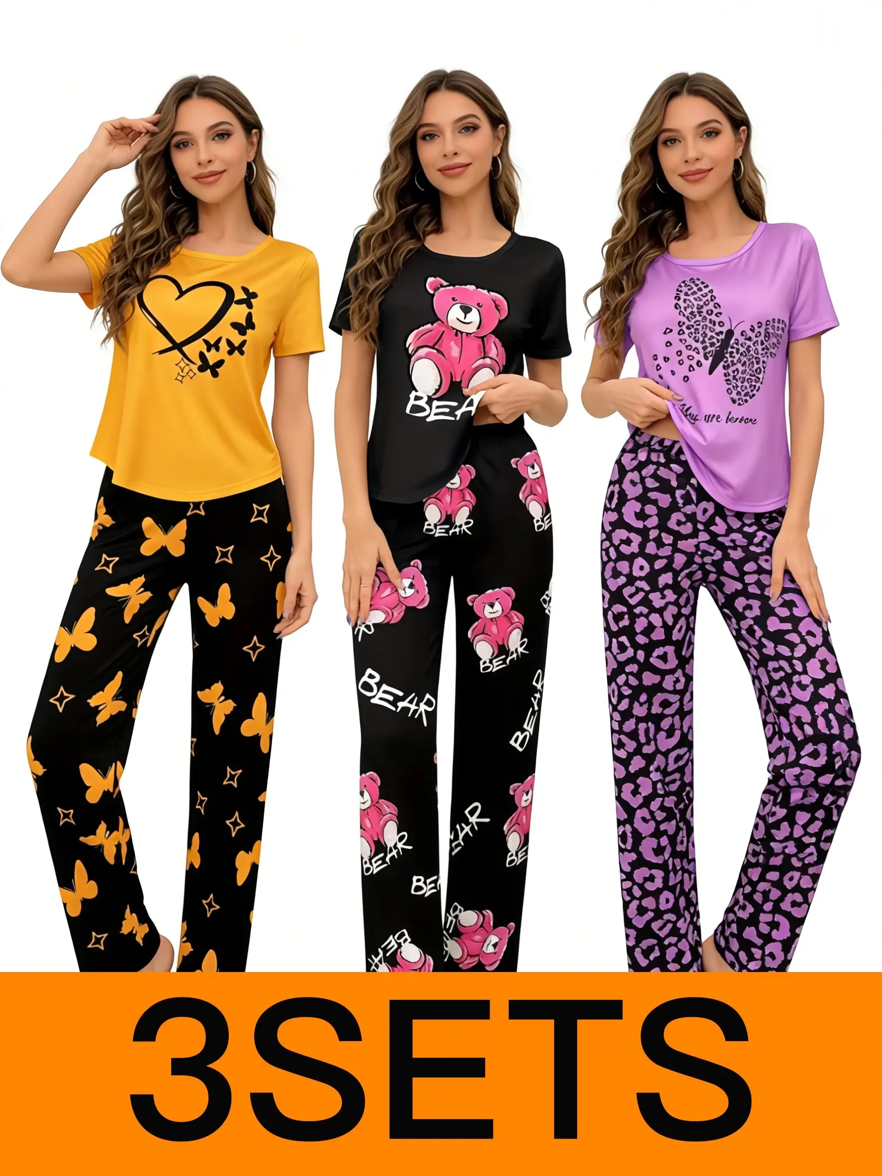 Women's 3-Pack Short Sleeve 2-Piece Comfortable Sleepwear Bundle - Butterfly Print, Teddy Bear Graphic, Leopard Print Soft Casual Nightwear Pajamas & Loungewear, Shortsleeve