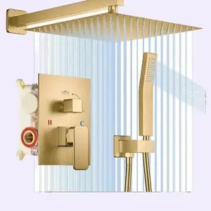 NERDON Shower System, 12 Inch Brushed Gold Shower Faucet Complete Set with Rain Handheld, Wall Mounted for Bathroom Shower Fixtures Rough in Valve Body and Trim Kit head