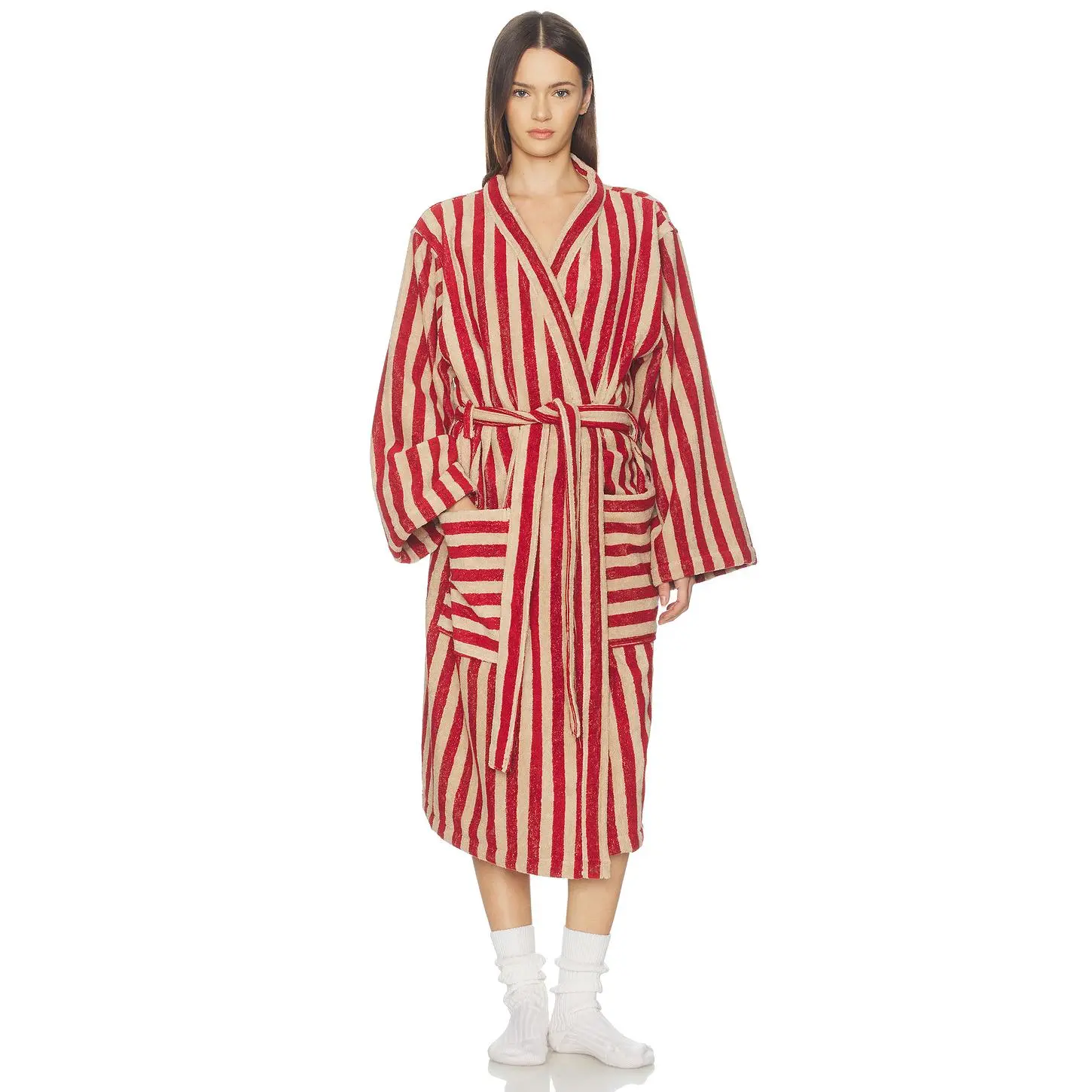 Women's Piglet in Bed Pembroke Stripe Cotton Bathrobe - Sandstone Red, Belted Slip Style, Women's Nightwear Gown