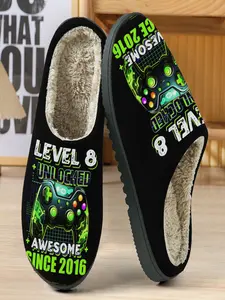 Cool Gaming Cotton Slippers, Base with Fluorescent Controller Pattern, Soft Plush Lining, Casual Home Wear for Fall & Winter