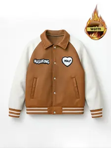 Men's Fleece Lined American Vintage Baseball Jacket, Heart Embroidery Casual Style, Warm Colorblock Couple Coat for Fall & Winter