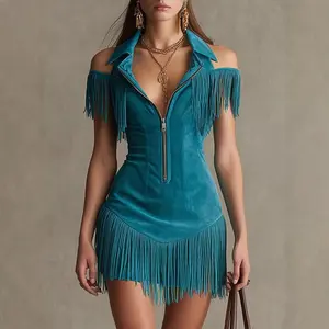 Women's Casual Retro Suede Off-Shoulder Dress with Tassel Details