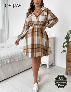 Plus Size Plaid Dress  Vintage Checkered Loose Fit Long Sleeve Shirt Dress  New Cozy Fall & Winter Casual Style Womenswear Breathable Everyday Summer Fabric Brown