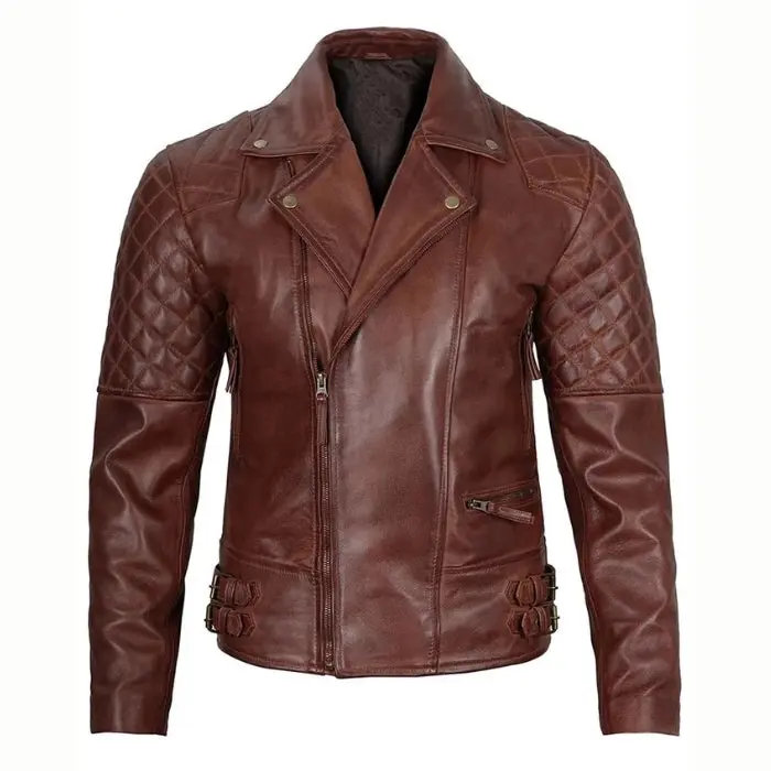 Men's Quilted Asymmetrical Dark Brown Biker Leather Jacket