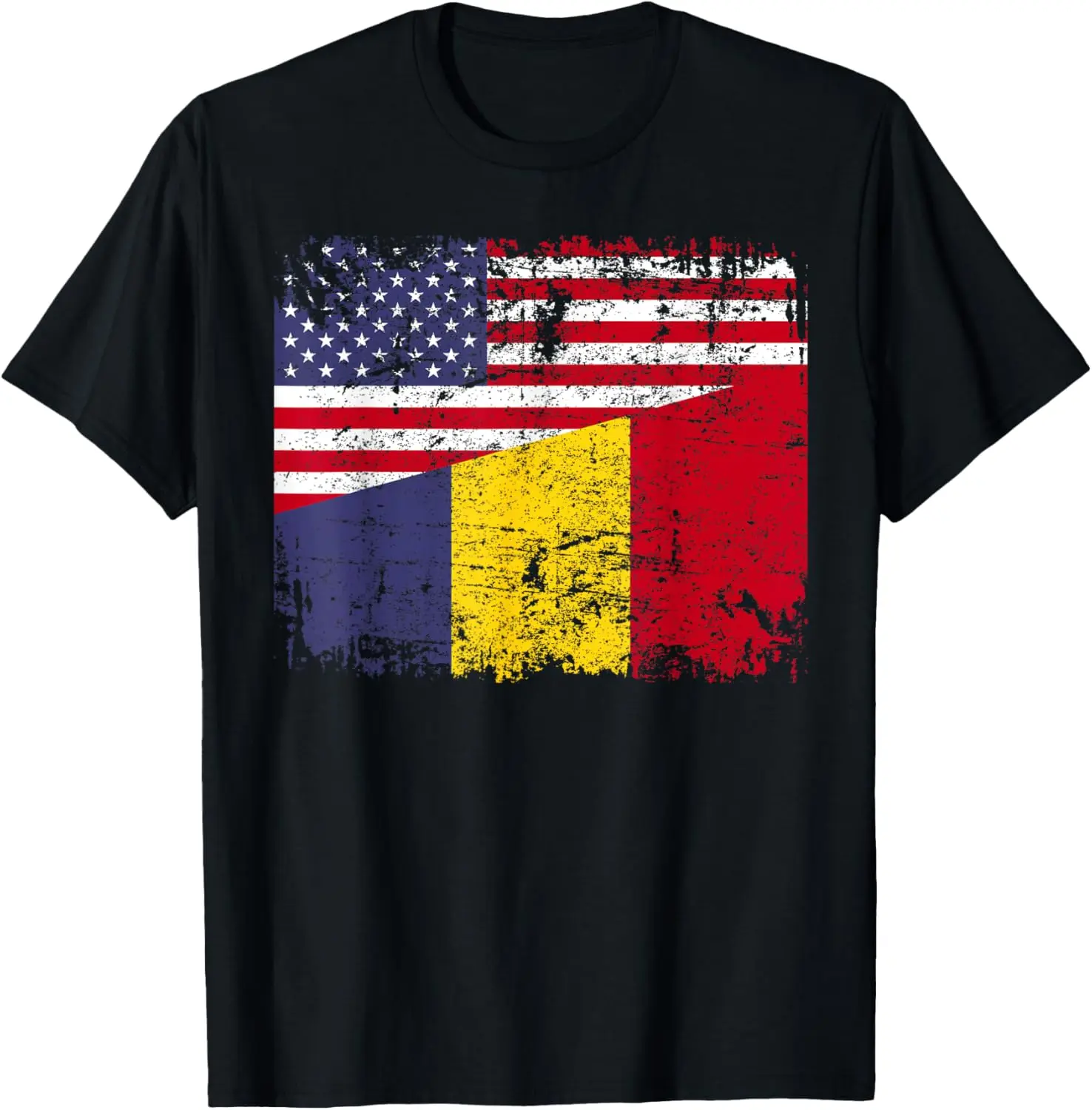 Women's 100% Cotton Round Neck Shortsleeve Vintage Everyday Casual Distressed Graphic T-Shirt - Romanian Roots, Half American Flag Design, USA-Romania Theme Top