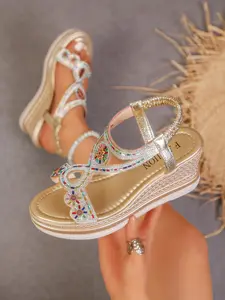 Multicolor Rhinestone Wedge Sandals for Women, Braided Thick Sole Elastic Strap Open-Toe Shoes, Casual Ethnic Pattern Heeled Sandals