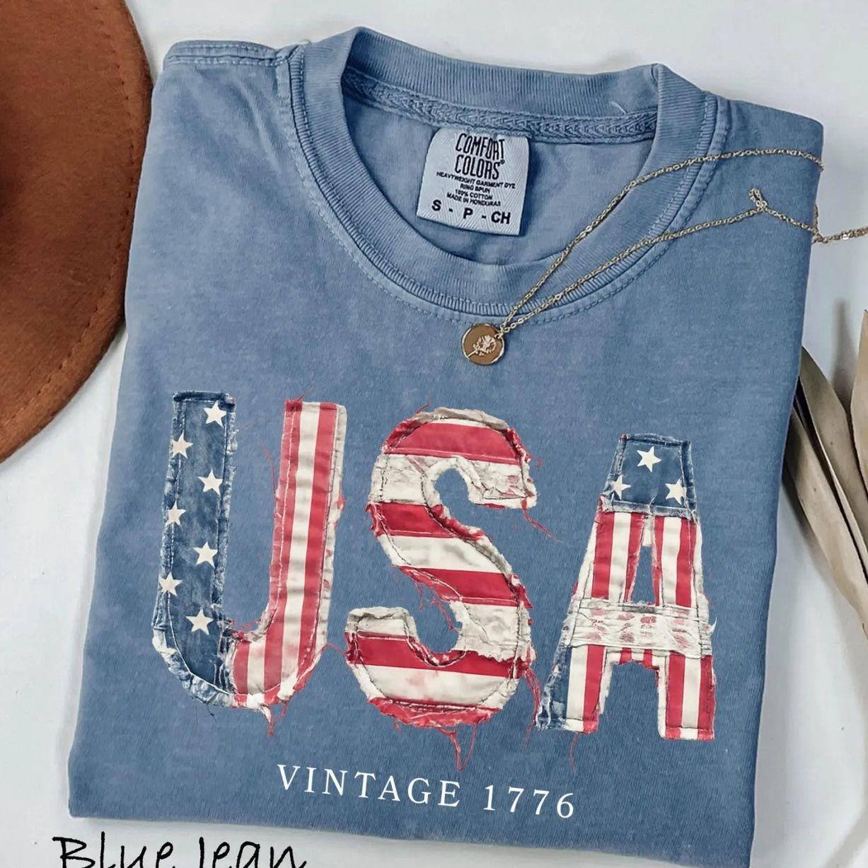 Comfort Colors® 4th of July T-Shirt, FAUX Patchwork USA T-Shirt, Retro American Tee, Trending 4th of July Day Tee, Casual Outfit, Comfortable Menswear & Womenswear Top, Perfect Gift For Men and Women, May13