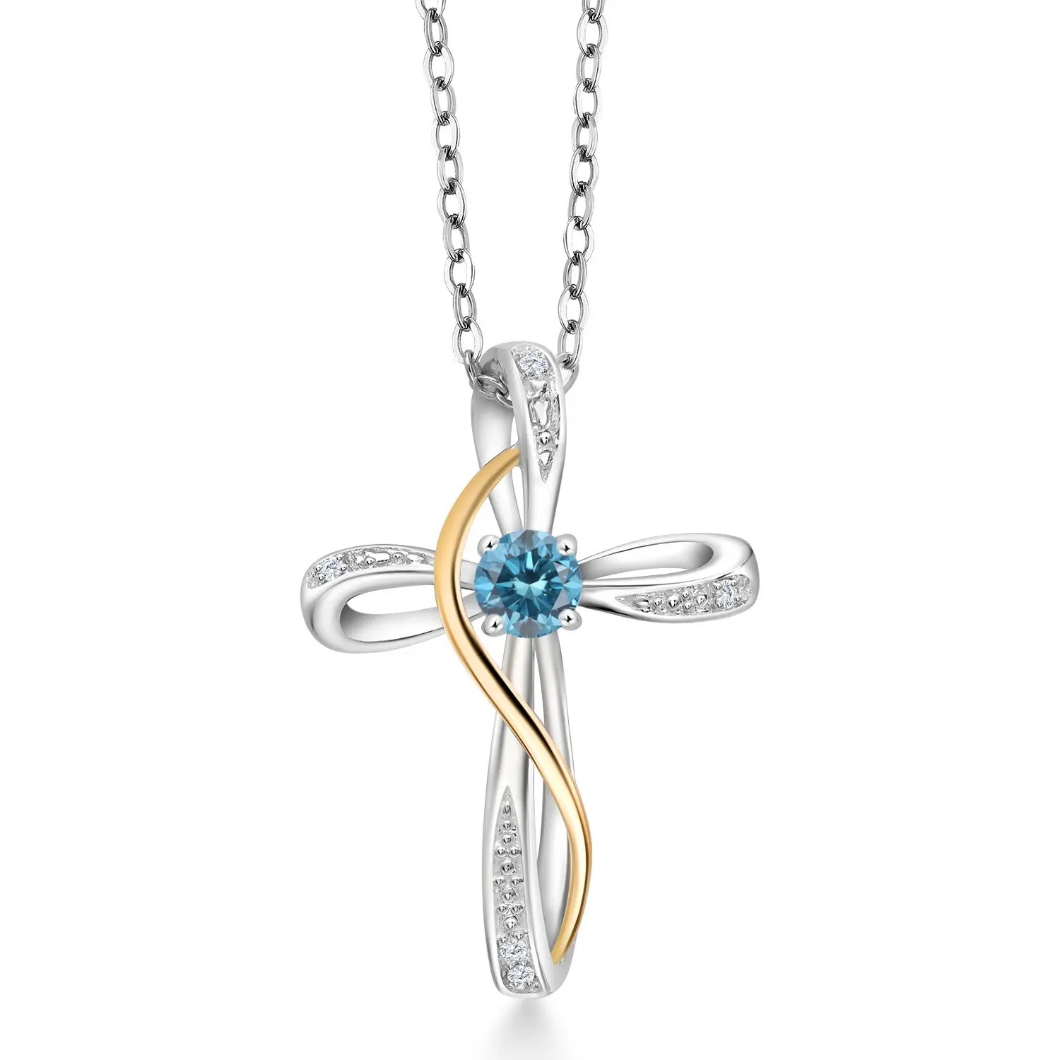 925 Silver and 10K Yellow Gold Blue Lab Grown Diamond and Lab Grown Diamond Pendant Necklace for Women | 0.30 Cttw | Gemstone April Birthstone | Round 4MM | With 18 Inch Chain