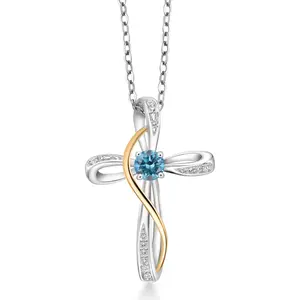 Gem Stone King 925 Silver and 10K Yellow Gold Blue Lab Grown Diamond and Lab Grown Diamond Pendant Necklace for Women | 0.30 Cttw | Gemstone April Birthstone | Round 4MM | With 18 Inch Chain