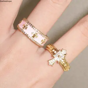 Y2K Pink Cross Ring for Women, Inlaid with Shiny Zircon, Trendy American Baddie Style, Adjustable Open Band Design, Luxury Minimalist Statement Ring for Daily & Party Wear