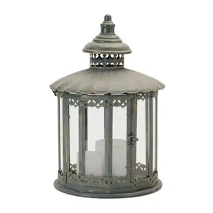 HomeRoots 634909 20 in. Gray Distressed Geometric Metal & Glass Centerpiece Lantern Candle Holder
